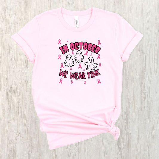 In October we wear PINK! Breast Cancer Awareness shirt available with Ghosts or Pumpkins.