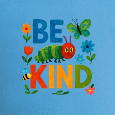 Child wearing a blue t-shirt with 'Be Kind' text and graphics on a white background
