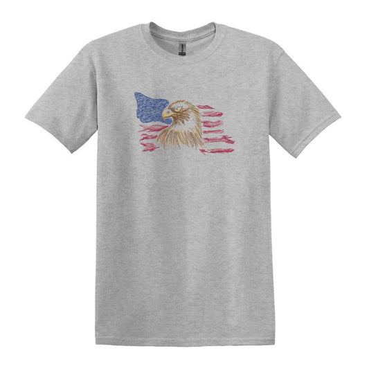 Patriotic Flag & Eagle - Embroidered Heavy Cotton T-Shirt