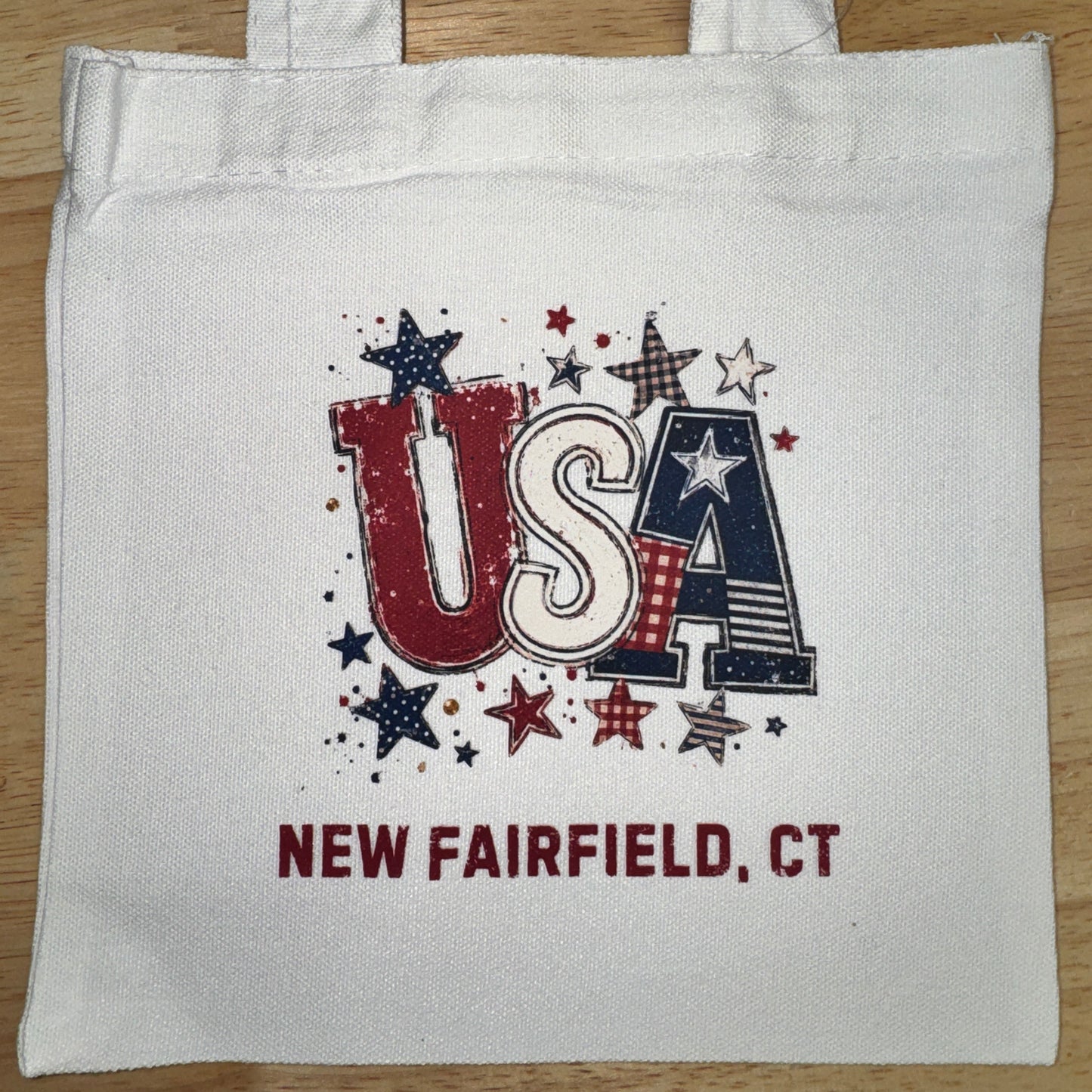 USA Patchwork Mini Tote Bags – 8" x 8.75" White Canvas - Customize with your town!