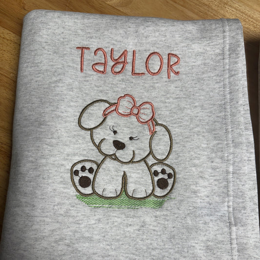 Personalized Puppy Sweatshirt Blanket - Embroidered with boy or girl puppy and child's name - 50" x 60"