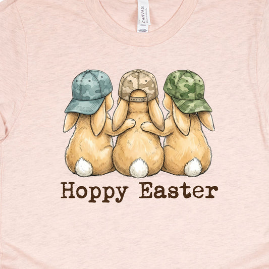 Hoppy Easter - Bunnies with Camo Hats - BELLA+CANVAS ® Unisex Jersey Short Sleeve Tee