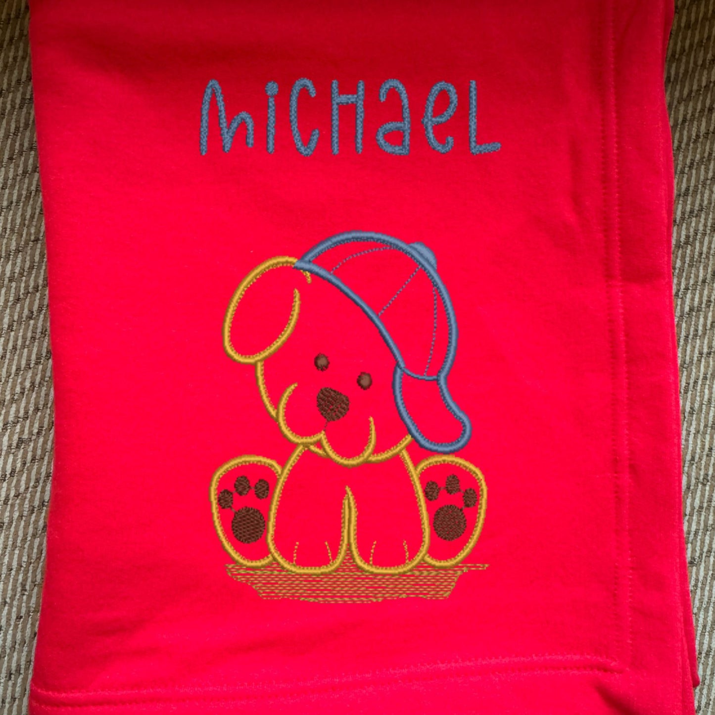 Personalized Puppy Sweatshirt Blanket - Embroidered with boy or girl puppy and child's name - 50" x 60"