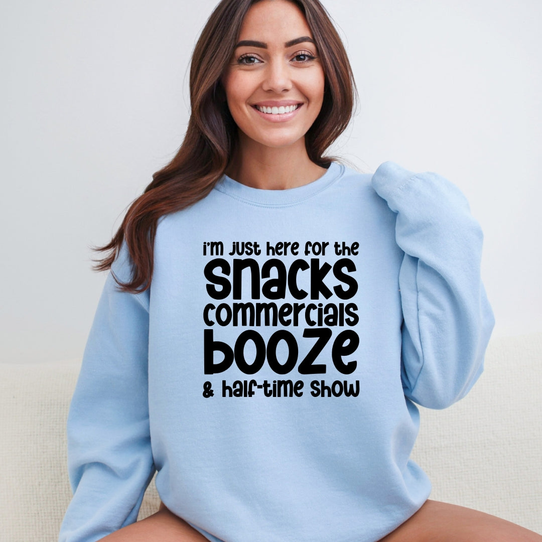 I'm just here for the snacks, commercials, booze & halftime show - Fun Football Crewneck Sweatshirt