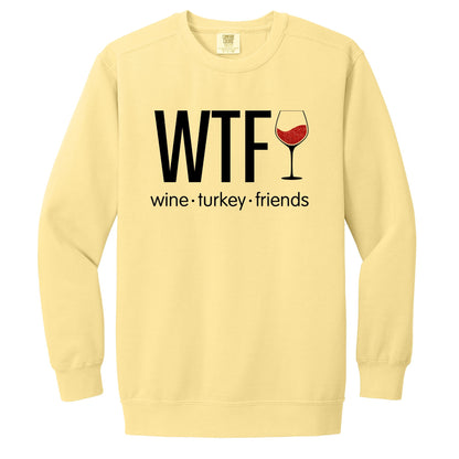 WTF - Wine. Turkey. Family. (or Friends!) - Fun Fall Sweatshirt - Red Glitter Wine