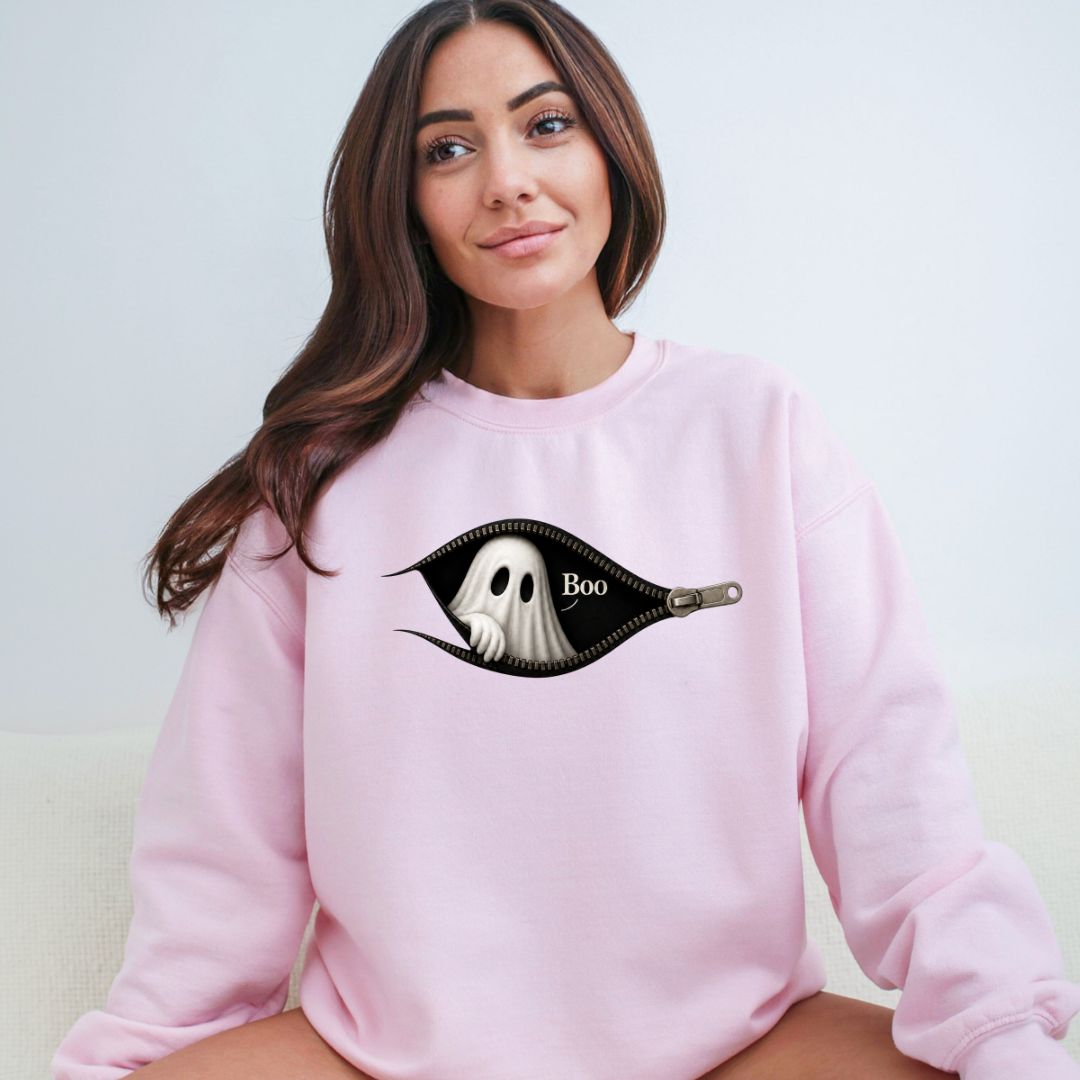 Boo - Cute Peeking Ghost - Gildan Crewneck