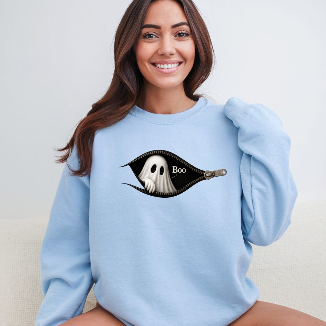 Boo - Cute Peeking Ghost - Gildan Crewneck