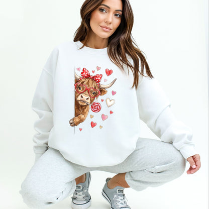 Adorable Peeking Valentine Highland Cow - Heavy Blend Crewneck
