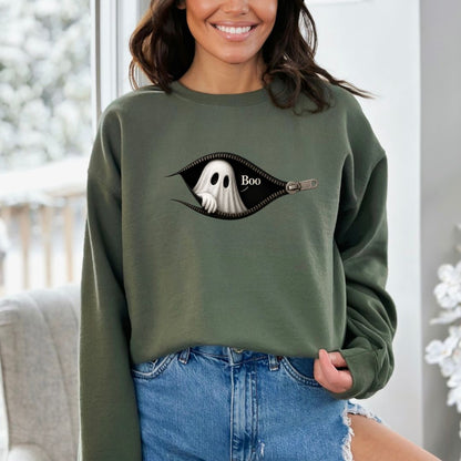 Boo - Cute Peeking Ghost - Gildan Crewneck