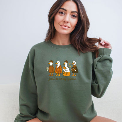 JUST A COZY GOOSE - ADORABLE AND FUN FALL CREWNECK SWEATSHIRT