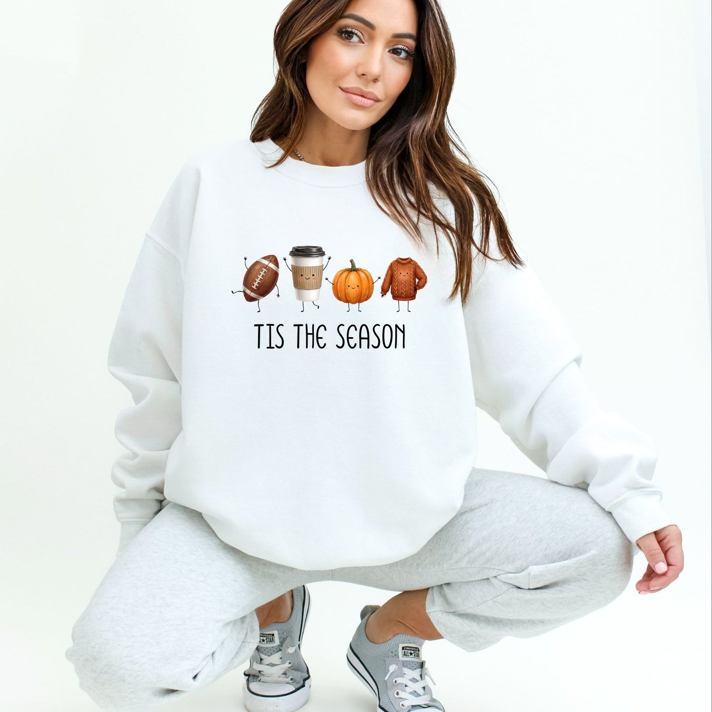 Tis The Season | Fun Doodle Art Gildan Crewneck | Football, Coffee, Pumpkins & Sweaters!