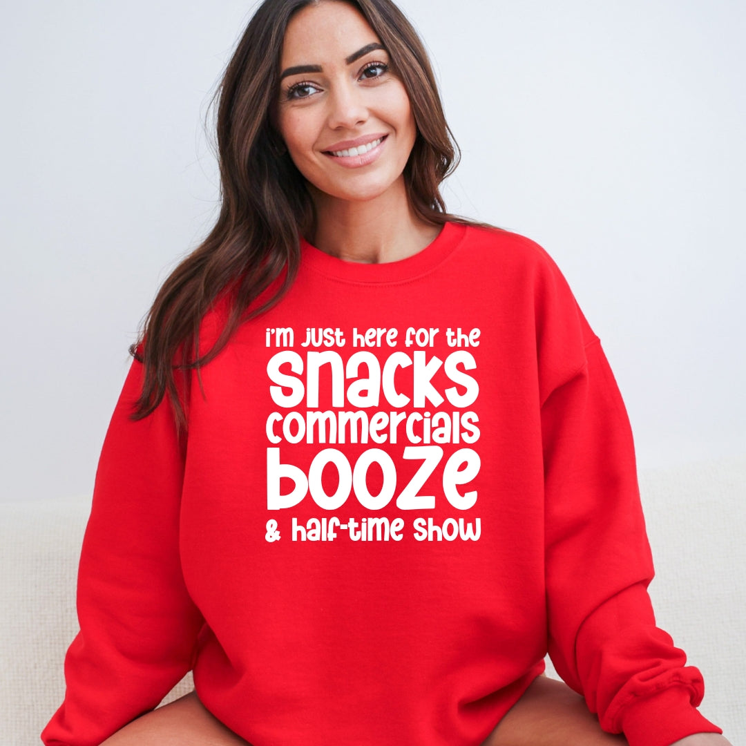 I'm just here for the snacks, commercials, booze & halftime show - Fun Football Crewneck Sweatshirt