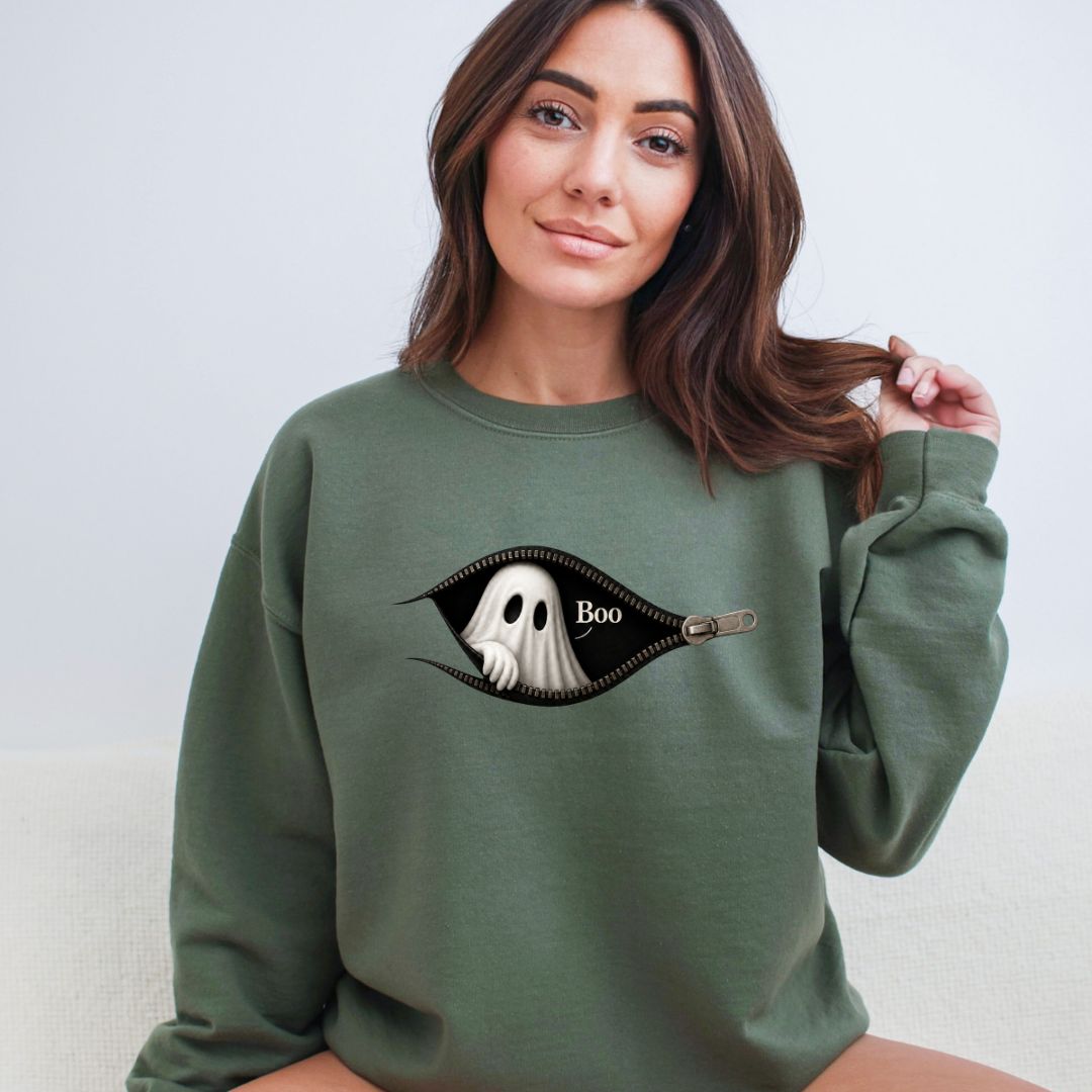 Boo - Cute Peeking Ghost - Gildan Crewneck