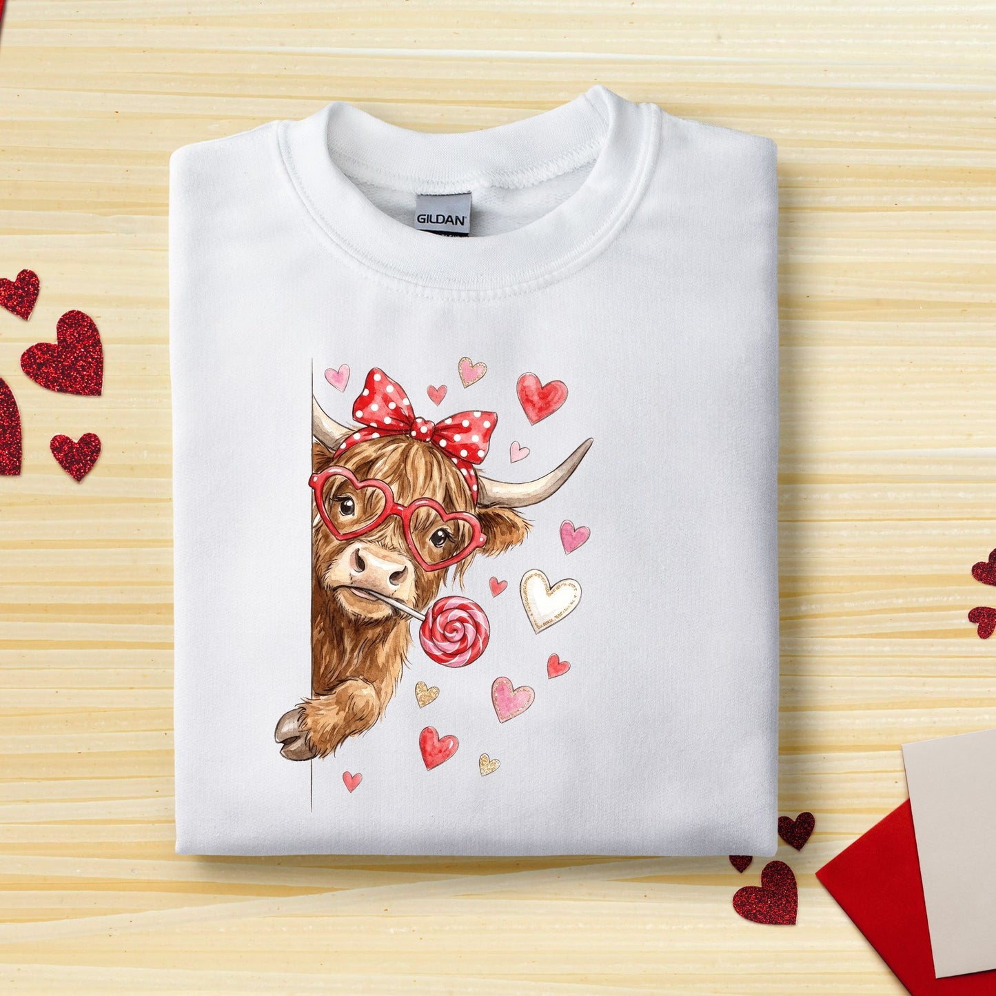 Adorable Peeking Valentine Highland Cow - Heavy Blend Crewneck