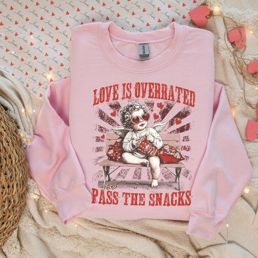 Love is Overrated - Pass the Snacks - Funny Valentine Heavy Blend Crewneck