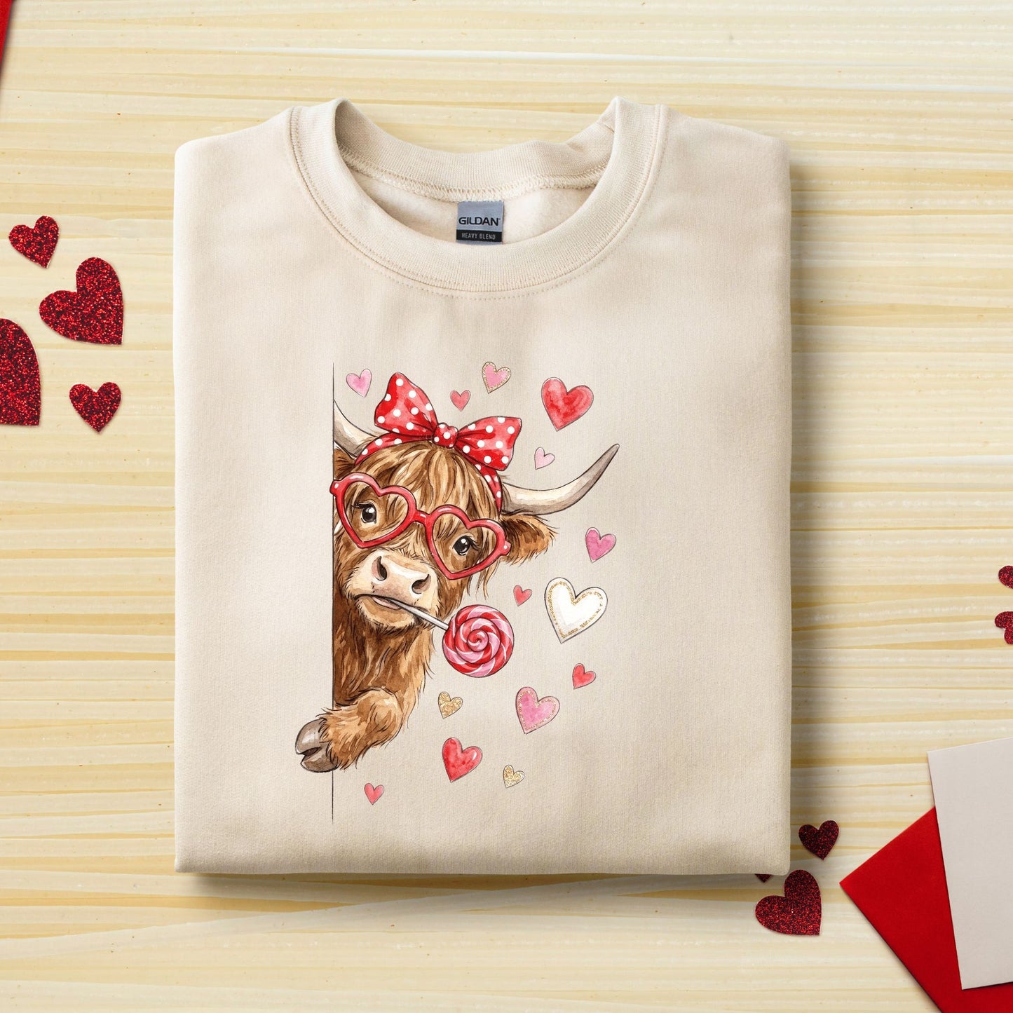 Adorable Peeking Valentine Highland Cow - Heavy Blend Crewneck