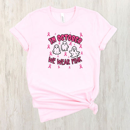 In October we wear PINK!  Breast Cancer Awareness shirt available with Ghosts or Pumpkins.
