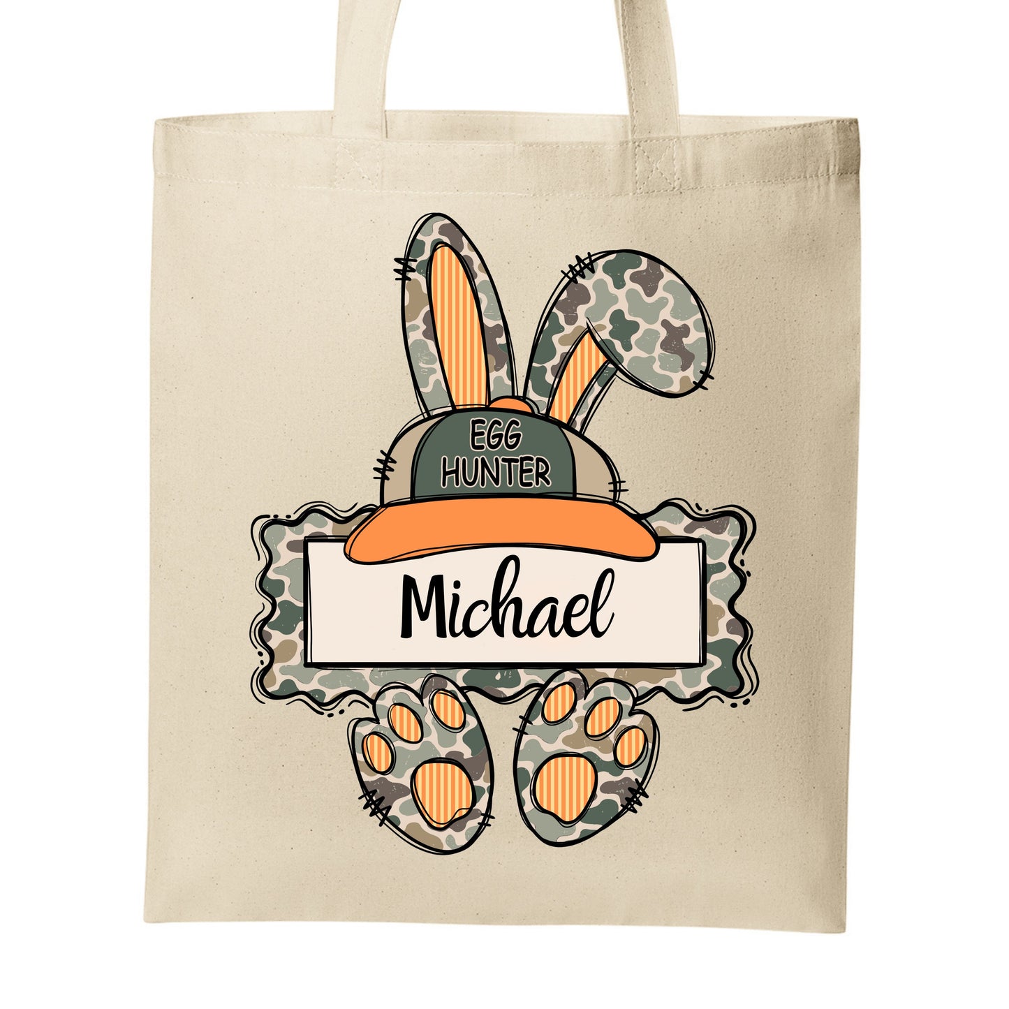 Camo Easter Bunny Egg Hunter Tote Bag – Personalized | Choose Boy or Girl Bunny