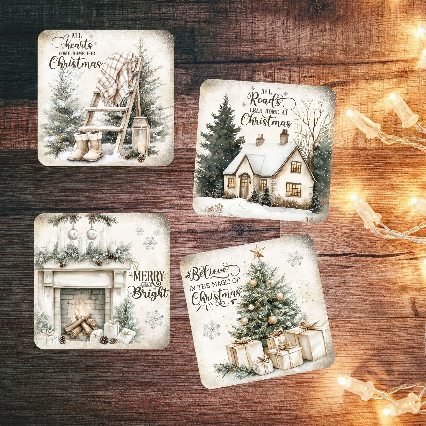 Golden Rustic Christmas - Set of 4 Square Coasters - MDF with cork backing