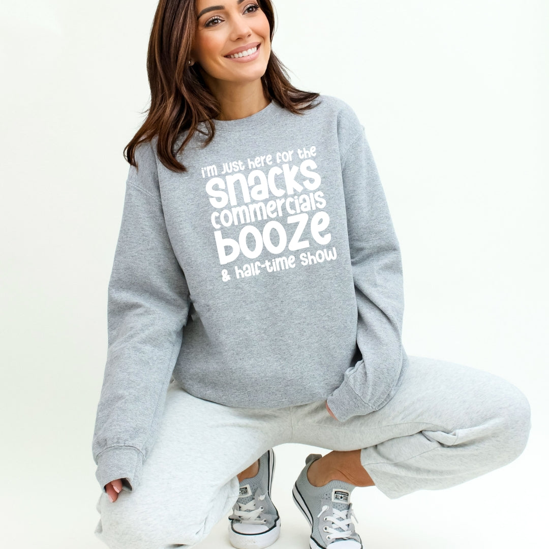 I'm just here for the snacks, commercials, booze & halftime show - Fun Football Crewneck Sweatshirt