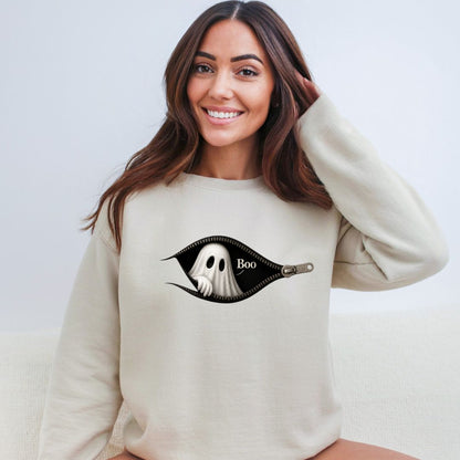 Boo - Cute Peeking Ghost - Gildan Crewneck
