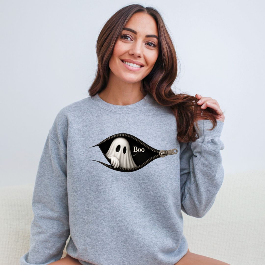 Boo - Cute Peeking Ghost - Gildan Crewneck