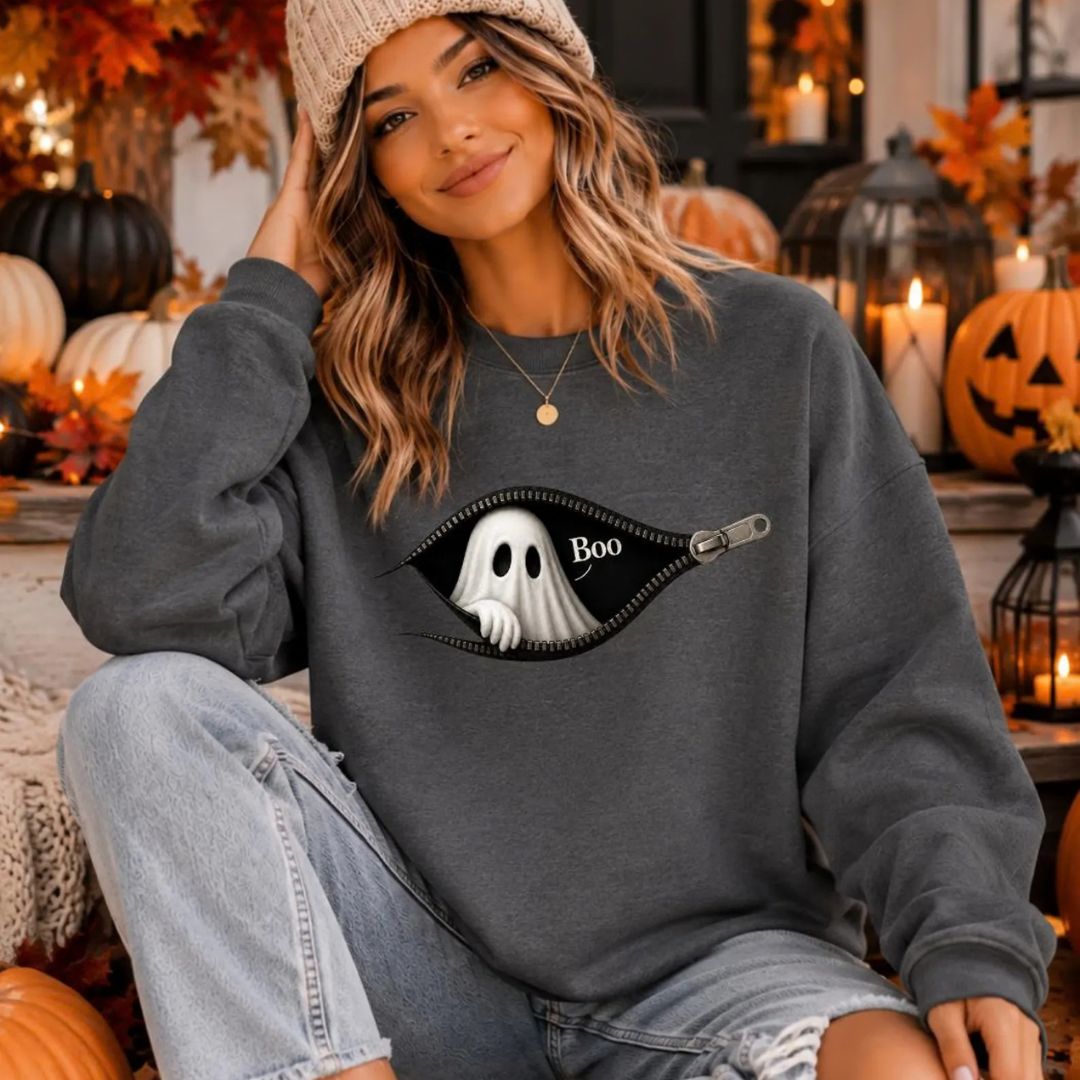 Boo - Cute Peeking Ghost - Gildan Crewneck