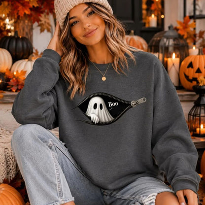 Boo - Cute Peeking Ghost - Gildan Crewneck