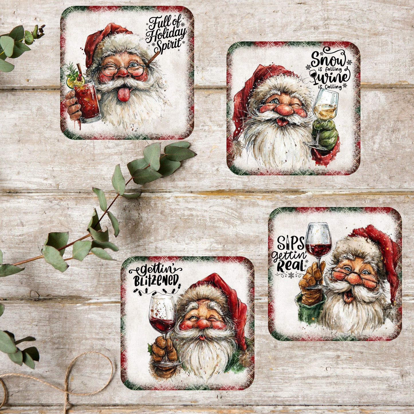 Funny Drinking Santa - Set of 4 Square Coasters - MDF with cork backing