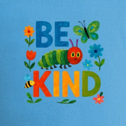 Child wearing a blue t-shirt with 'Be Kind' text and graphics on a white background