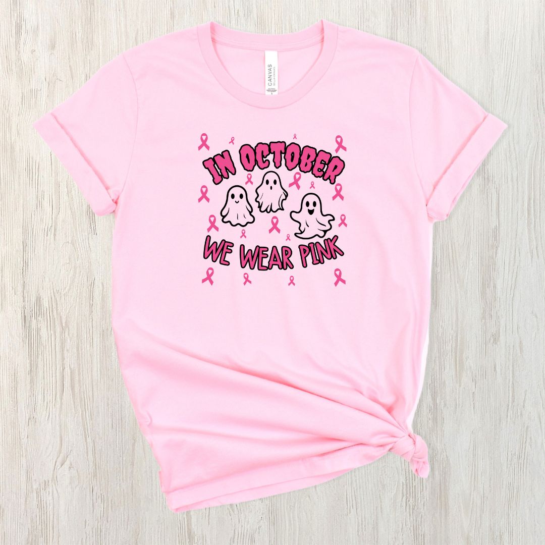 In October we wear PINK!  Breast Cancer Awareness shirt available with Ghosts or Pumpkins.