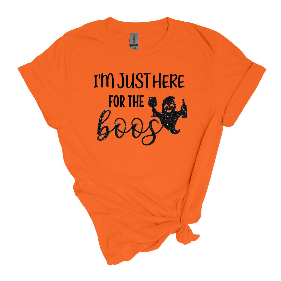 Just Here for the Boos Tee - Fun Halloween shirt with a pop of glitter