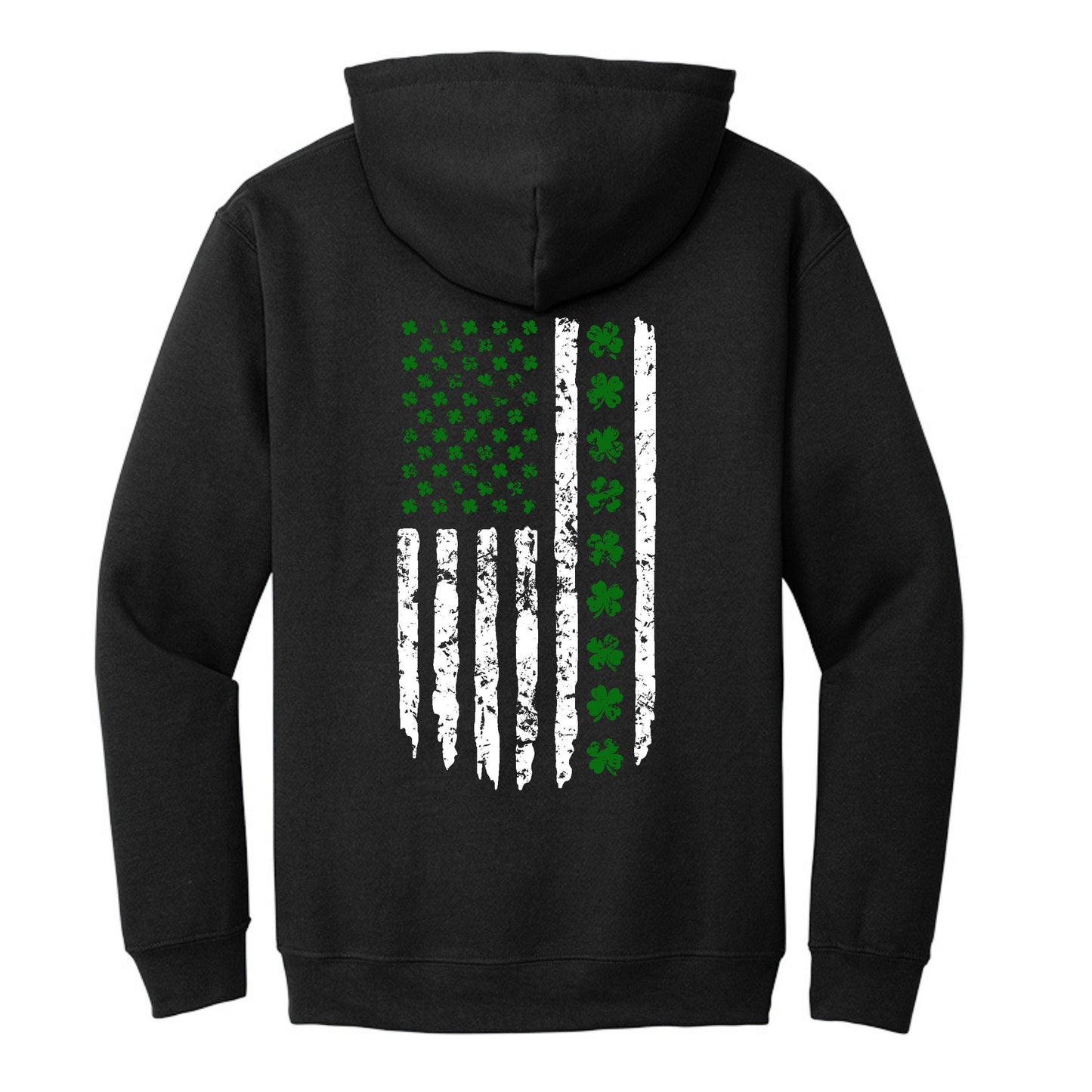 Black hoodie with a green and white flag design on the back against a white background