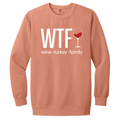 WTF - Wine. Turkey. Family. (or Friends!) - Fun Fall Sweatshirt - Red Glitter Wine