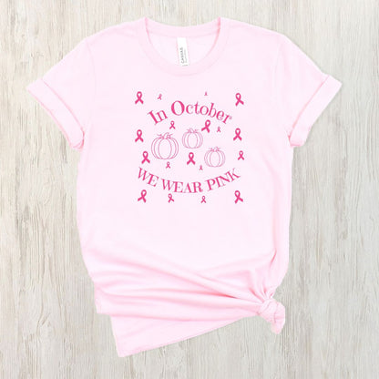 In October we wear PINK!  Breast Cancer Awareness shirt available with Ghosts or Pumpkins.