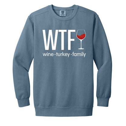 WTF - Wine. Turkey. Family. (or Friends!) - Fun Fall Sweatshirt - Red Glitter Wine