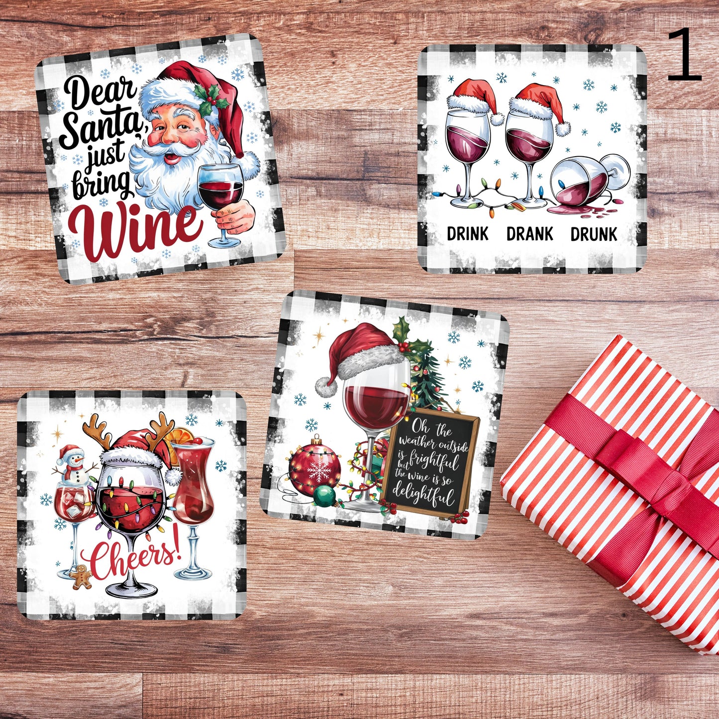 Wine Themed Christmas Coasters - MDF with cork backing