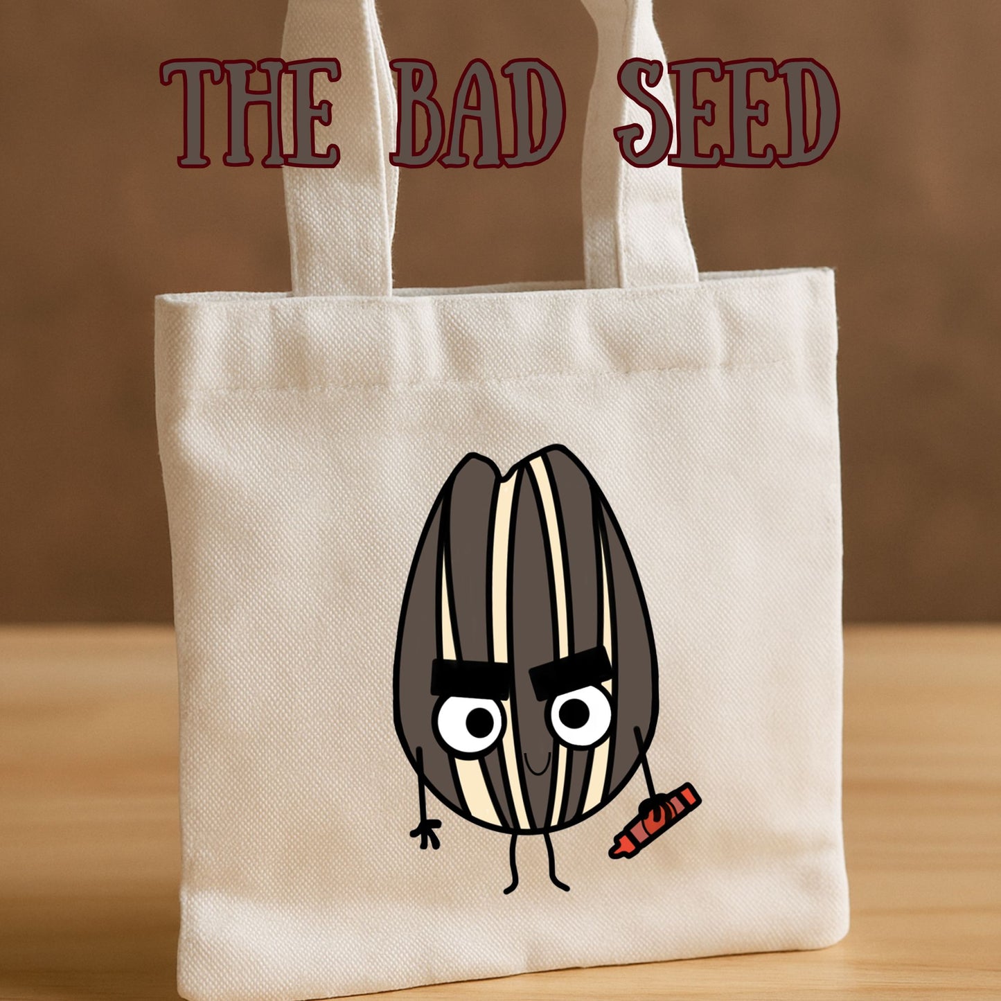 The Bad Seed Inspired Mini Tote Bags – 8" x 8.75" White Canvas - Choose your favorite character!