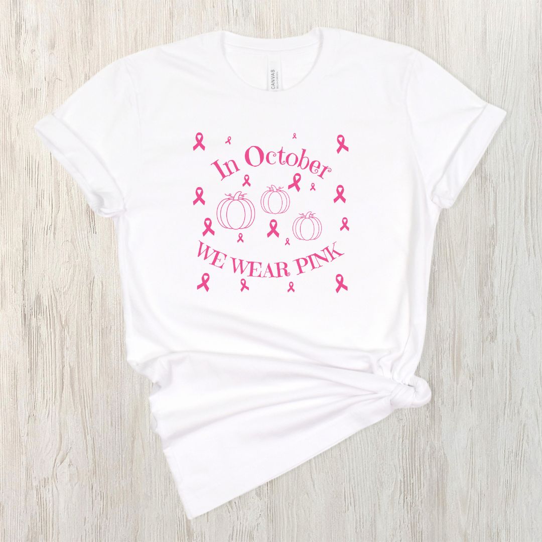 In October we wear PINK!  Breast Cancer Awareness shirt available with Ghosts or Pumpkins.