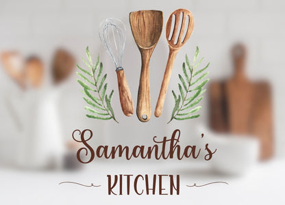 Personalized Glass Cutting Board - Watercolor Kitchen Utensils