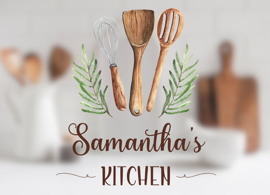 Personalized Glass Cutting Board - Watercolor Kitchen Utensils