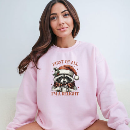 FIRST OF ALL...I'M A DELIGHT - Gildan Heavy Cotton Crewneck Sweatshirt - FESTIVE RACCOON