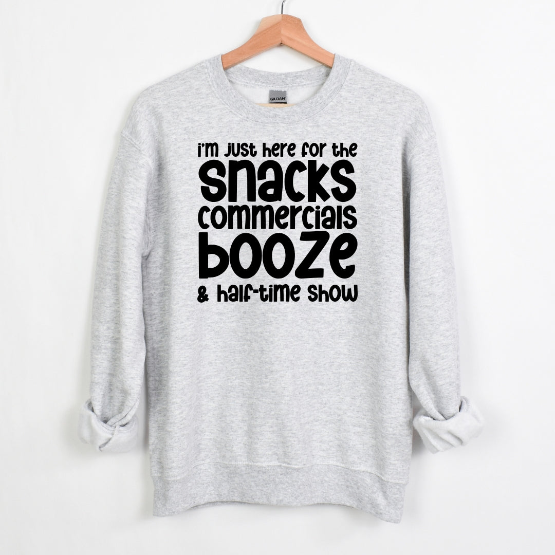 I'm just here for the snacks, commercials, booze & halftime show - Fun Football Crewneck Sweatshirt