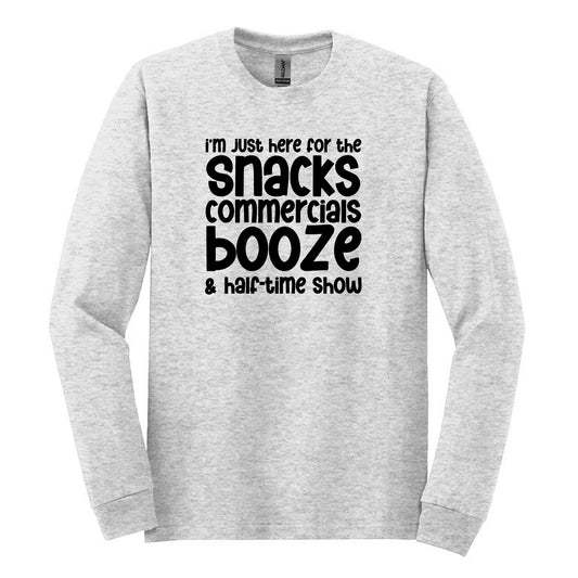 Fun Football Long Sleeve T-Shirt for us fans who are just there for the Halftime Show, Commercials, Snacks and Booze!