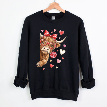 Adorable Peeking Valentine Highland Cow - Heavy Blend Crewneck