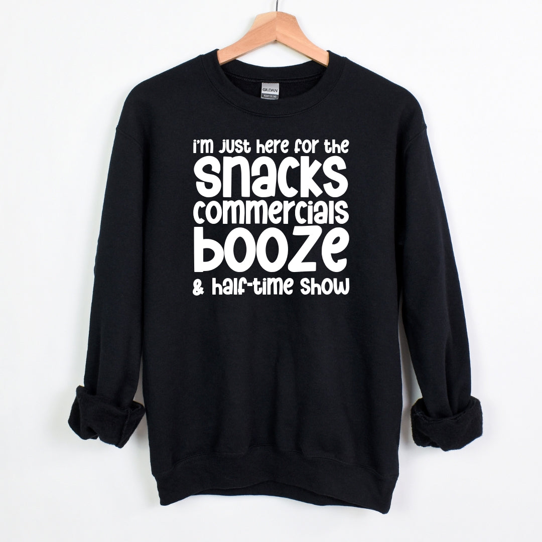 I'm just here for the snacks, commercials, booze & halftime show - Fun Football Crewneck Sweatshirt