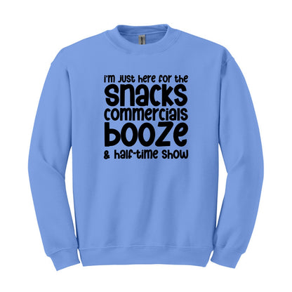 I'm just here for the snacks, commercials, booze & halftime show - Fun Football Crewneck Sweatshirt