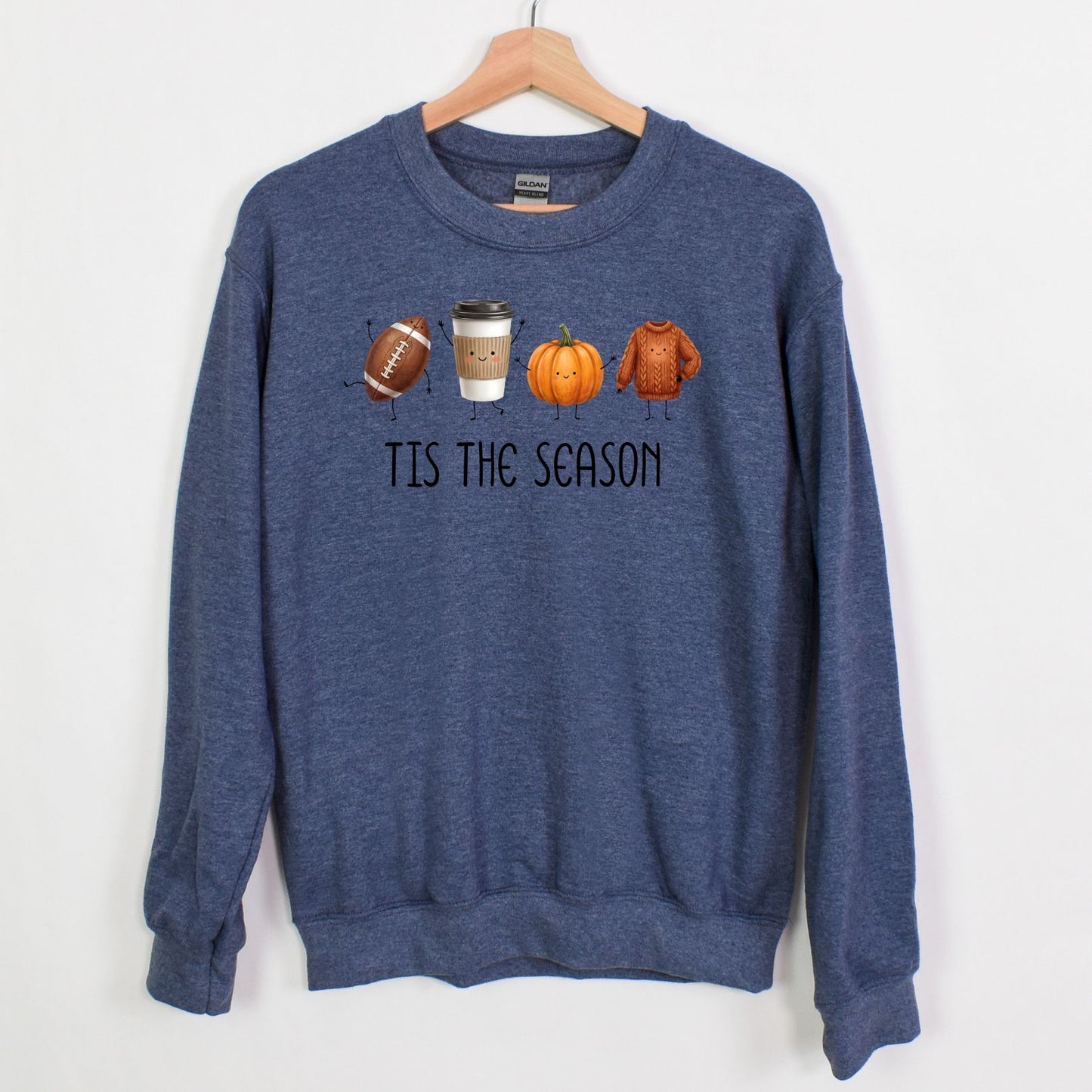 Tis The Season | Fun Doodle Art Gildan Crewneck | Football, Coffee, Pumpkins & Sweaters!