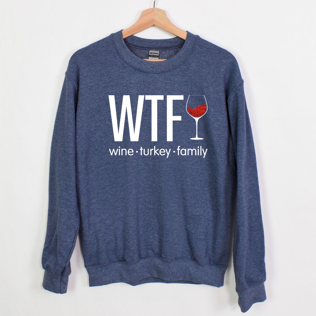 WTF - Wine. Turkey. Family. (or Friends!) - Fun Fall Sweatshirt - Red Glitter Wine