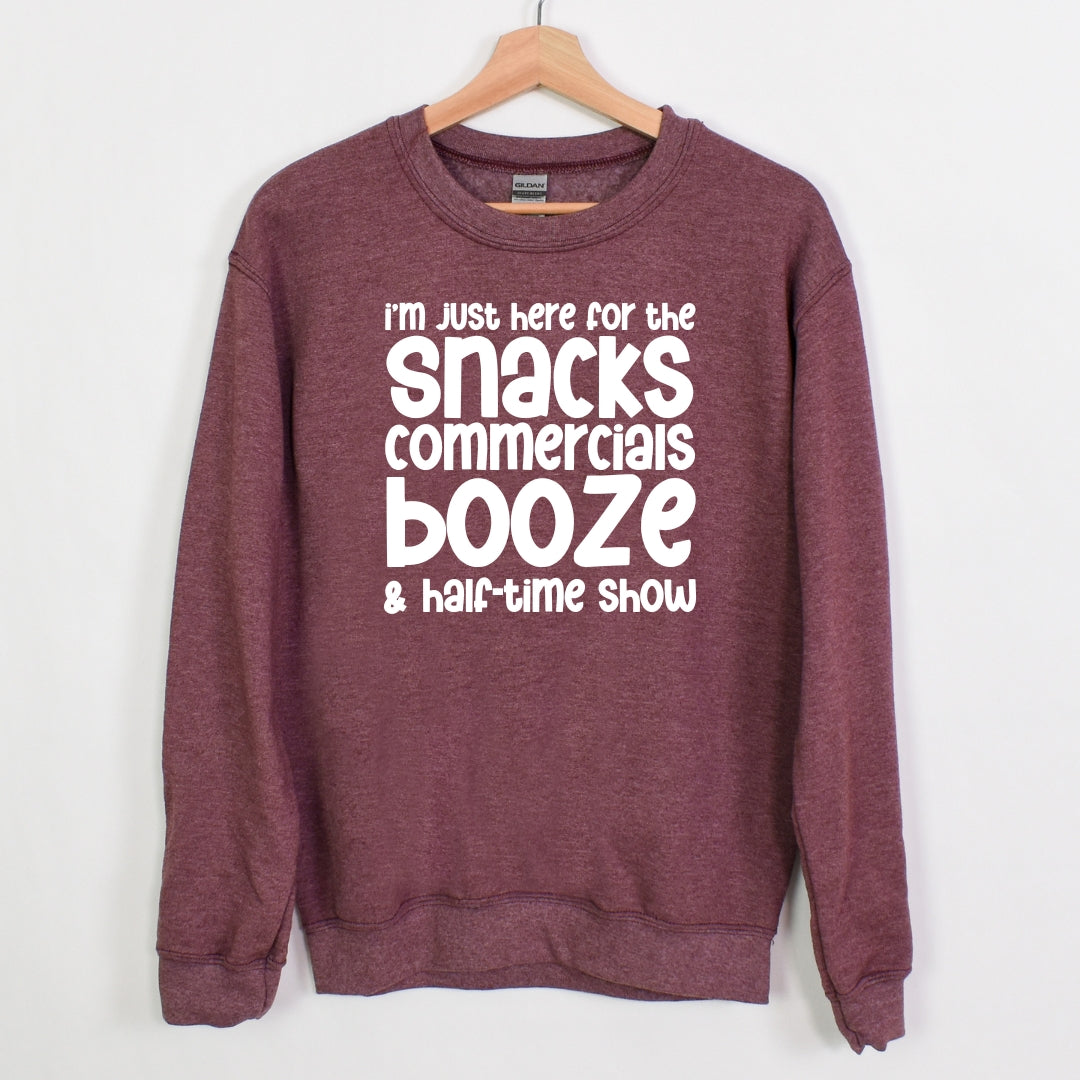 I'm just here for the snacks, commercials, booze & halftime show - Fun Football Crewneck Sweatshirt